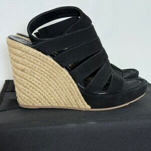 Tory Burch Bailey Multi Strap Wedge Suede Espadrille Black Wedged Sandals Size 8